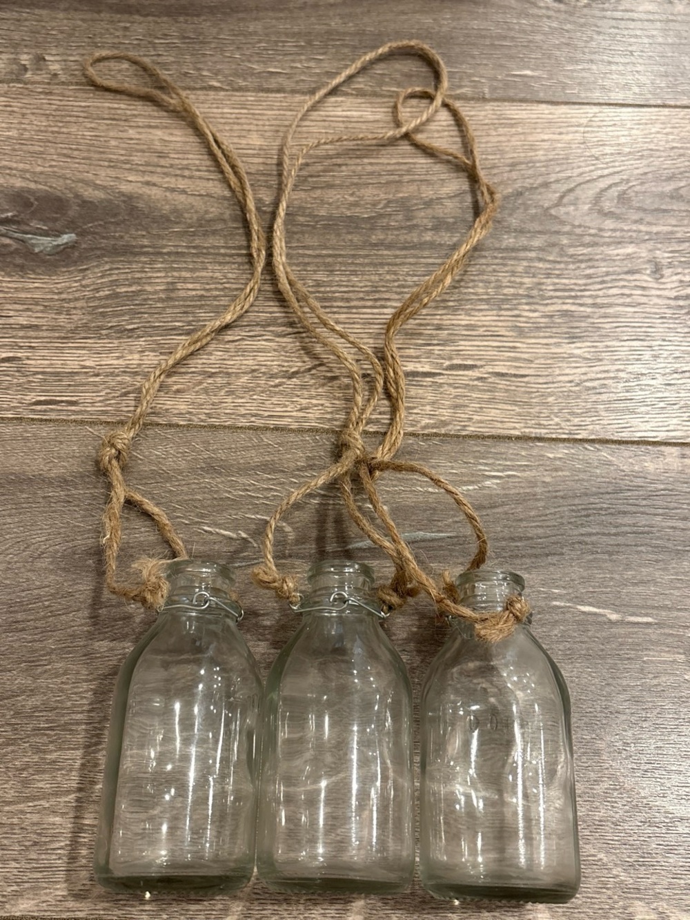 Hanging Glass Mini Bottle Trio with Jute Rope